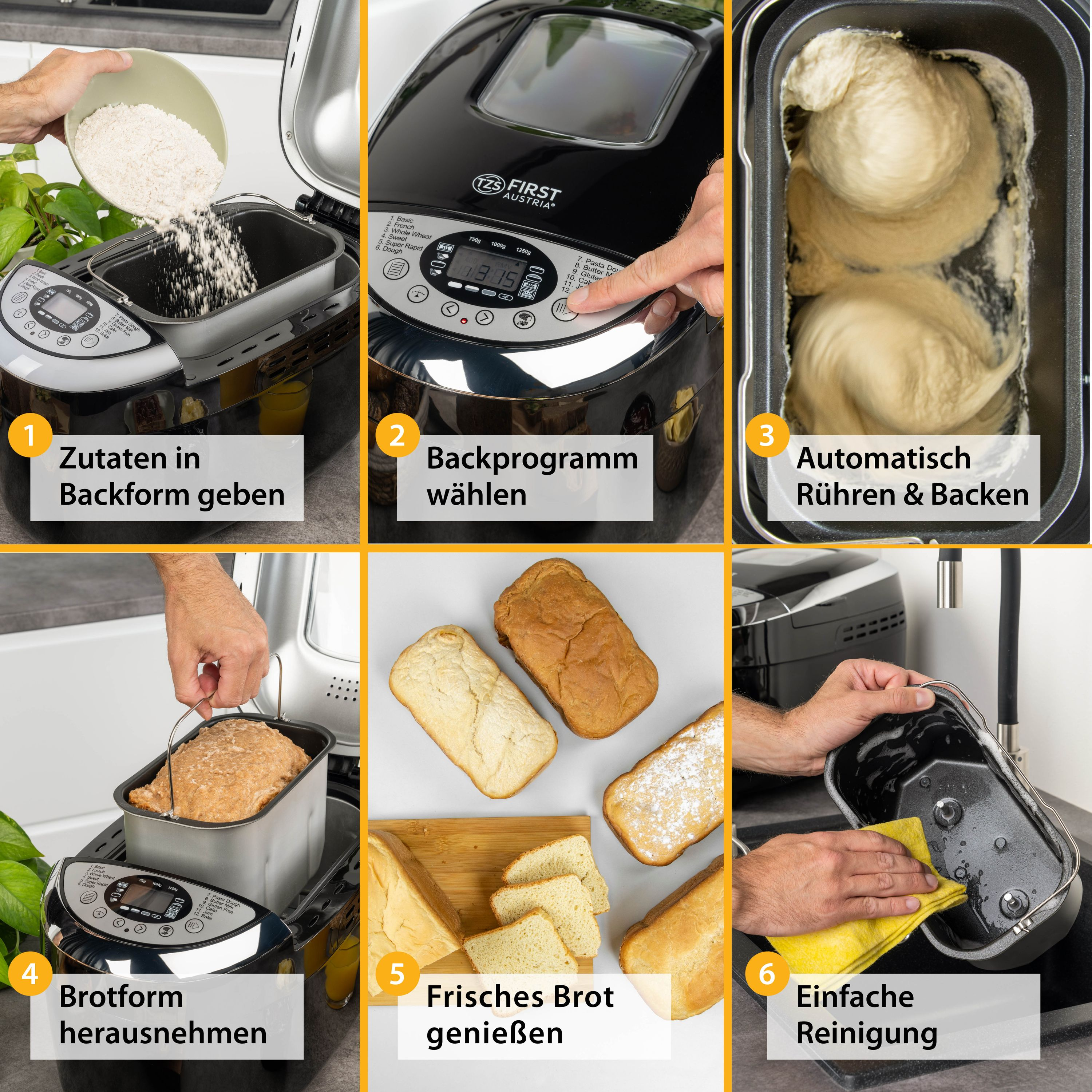 Schritte des Brotbackautomaten mit Text. Zutaten, Programm wählen, rühren & backen, entnehmen, genießen, reinigen.