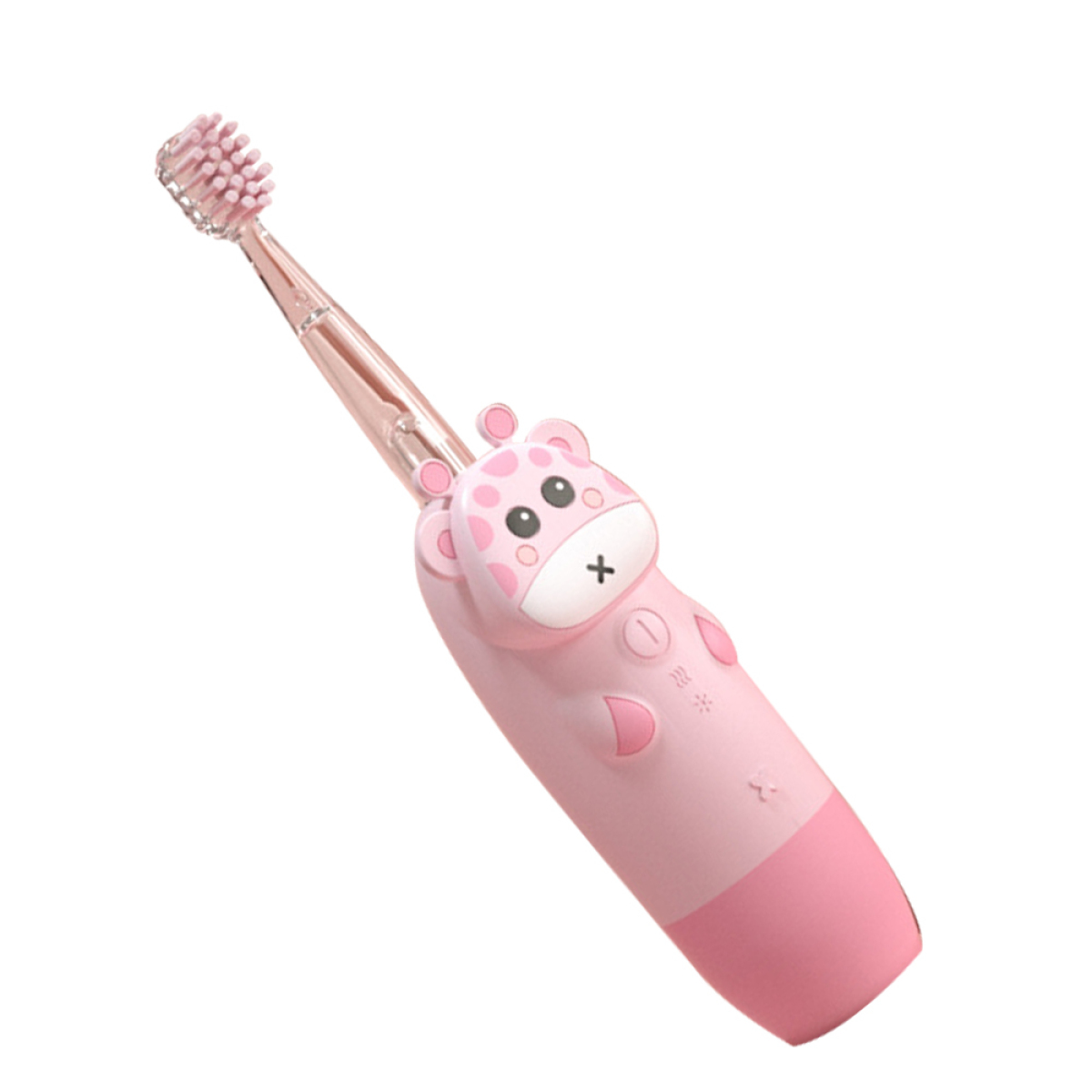 Eine rosa, giraffe-förmige elektrische Zahnbürste mit einem Bürstenkopf.
