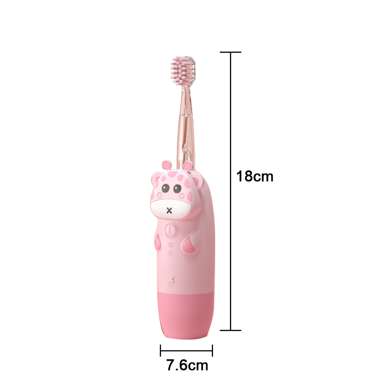Rosa und weiße Zahnbürste mit Giraffendesign. Abmessungen umfassen Länge und Breite.