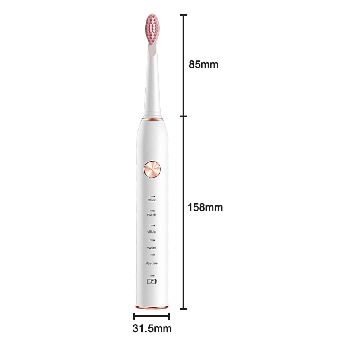 Elektrische Zahnbürste, weiß mit roségoldenen Akzenten. Abmessungen: 85 mm hoch, 158 mm hoch und 31,5 mm breit.