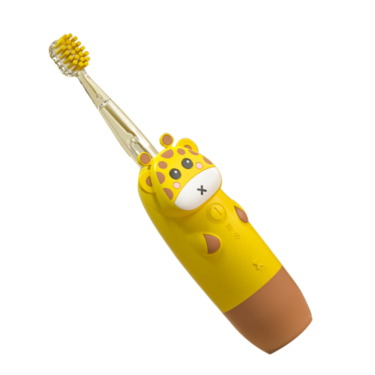 Eine gelbe Zahnbürste mit einem Giraffenkopf am Griff.