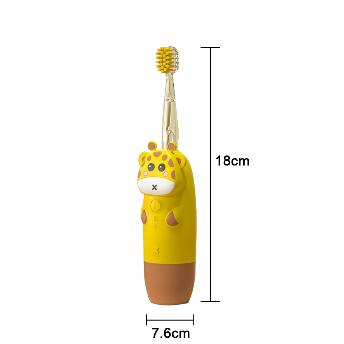 Gelbe, giraffe-förmige Zahnbürste mit braunem Griff und Borsten. 18cm hoch und 7,6cm breit.