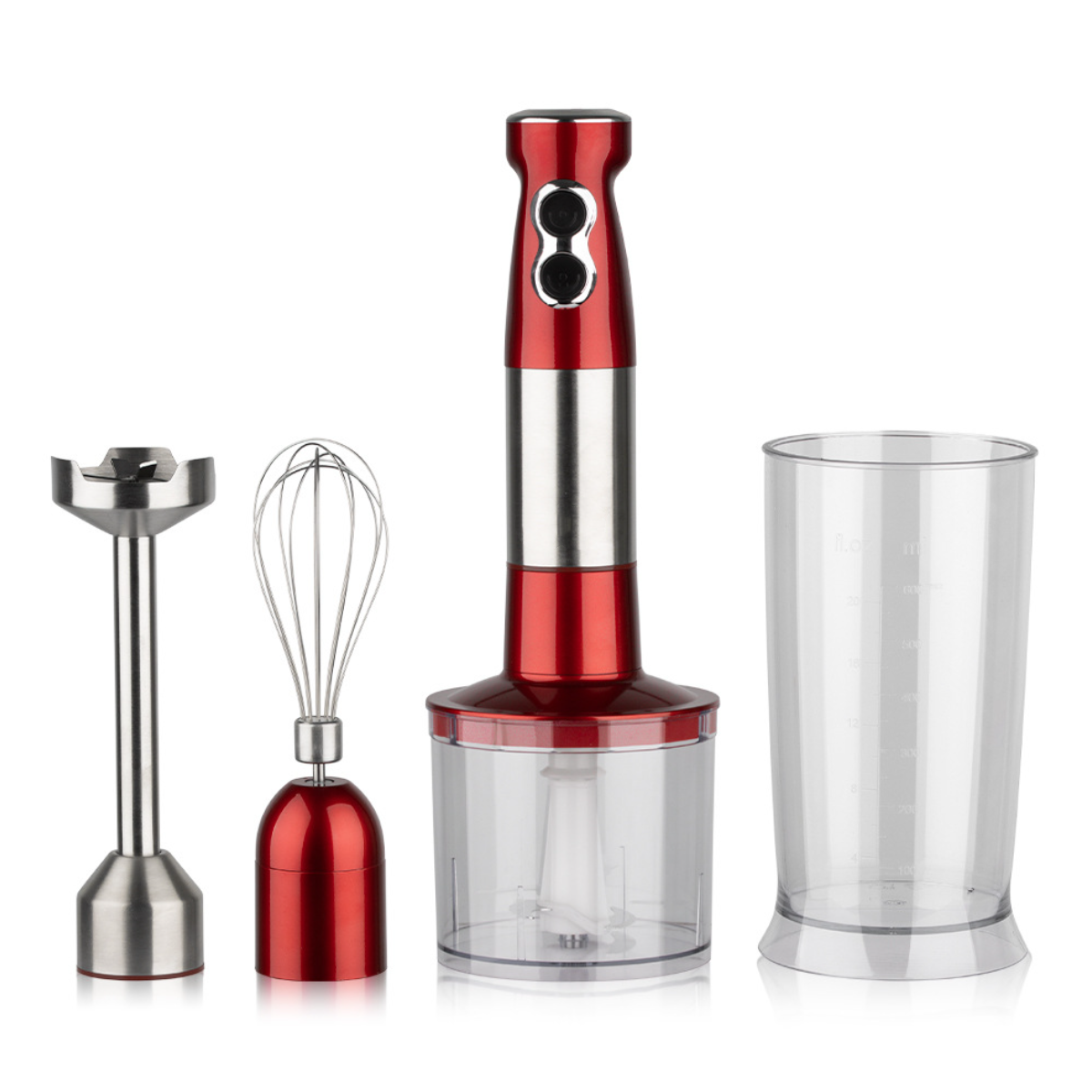 Roter und silberner Stabmixer mit Aufsätzen: Zerkleinerer, Schneebesen und Becher.