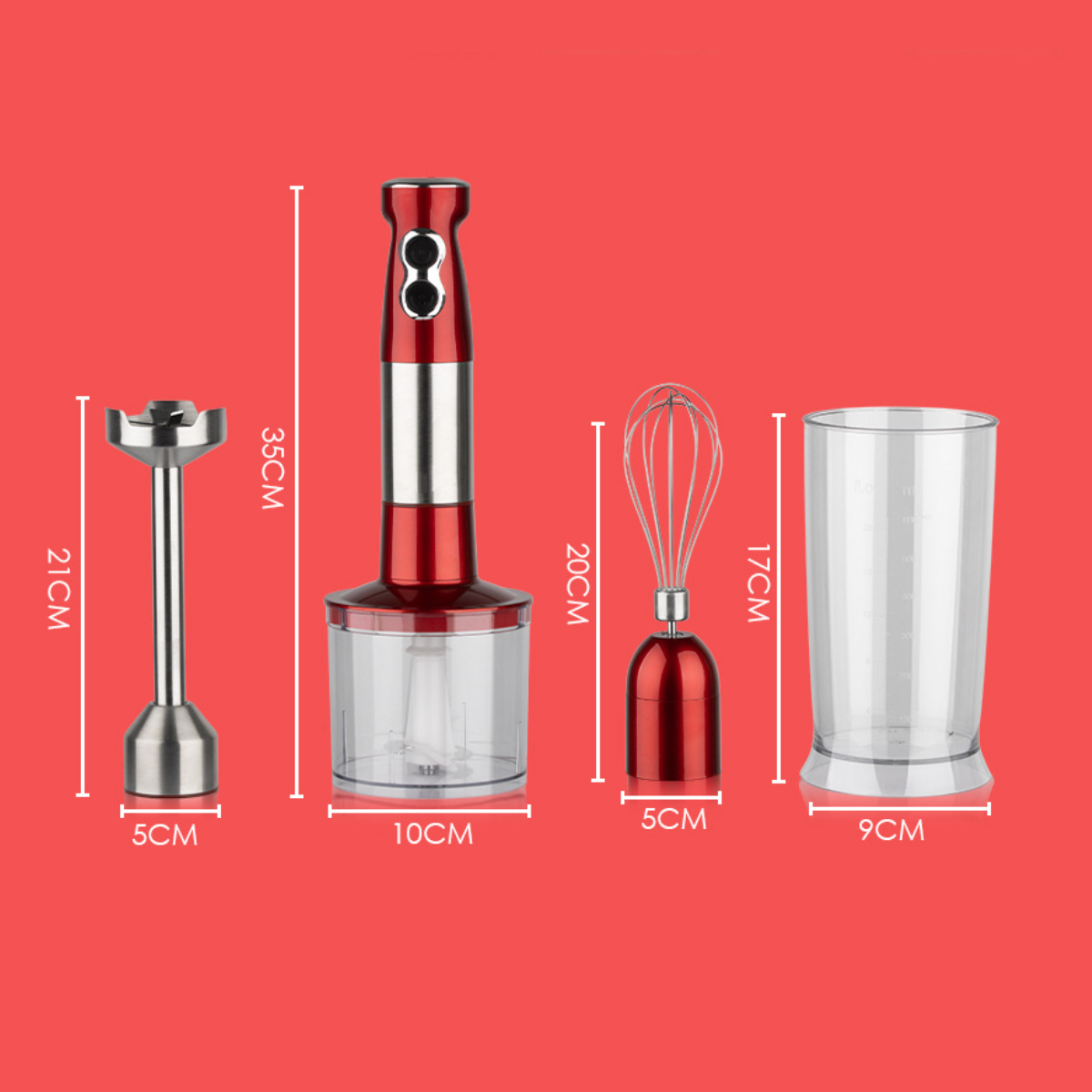 Ein roter Hintergrund mit einem Stabmixer und Aufsätzen, darunter ein Schneebesen und ein Messbecher.