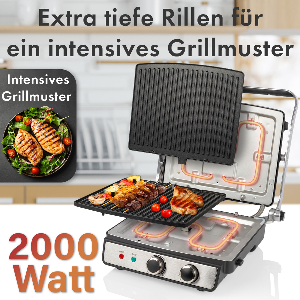 Otwarty grill elektryczny z jedzeniem na płytach grilla i talerzem z jedzeniem.