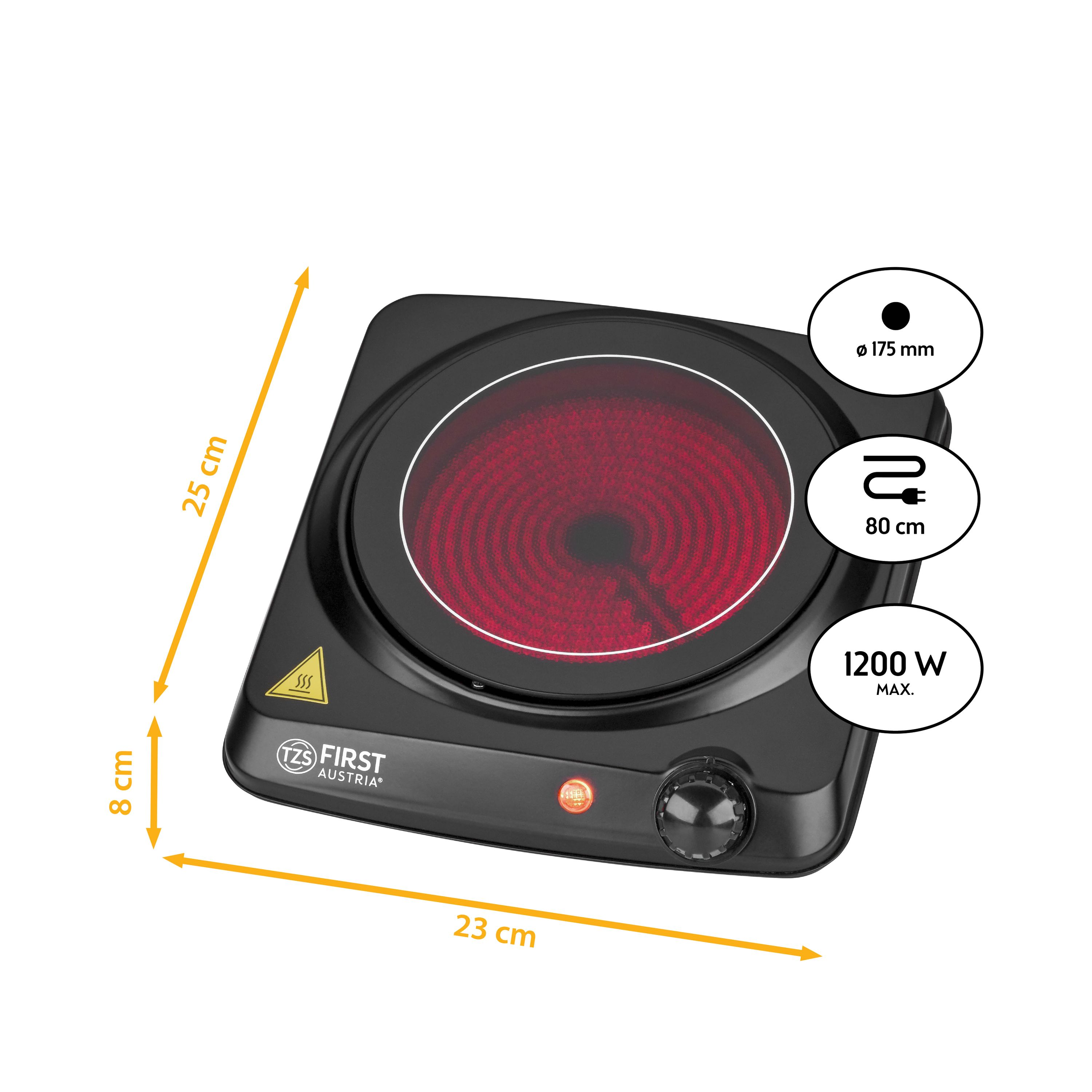 Piastra elettrica nera con resistenze rosse. Sono indicate dimensioni e specifiche.