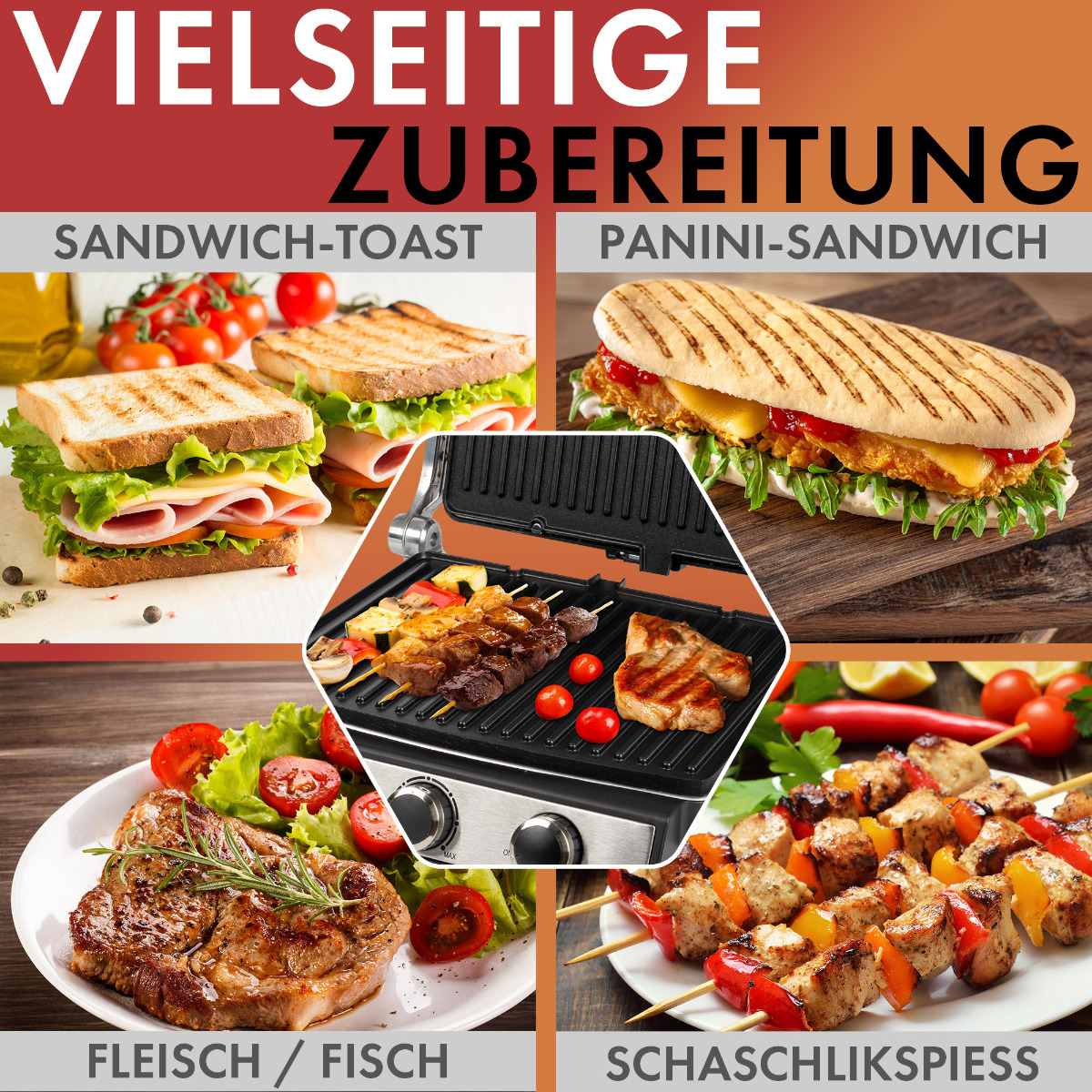 Obrazy prezentujące różne metody gotowania: kanapki, panini, stek i szaszłyki.