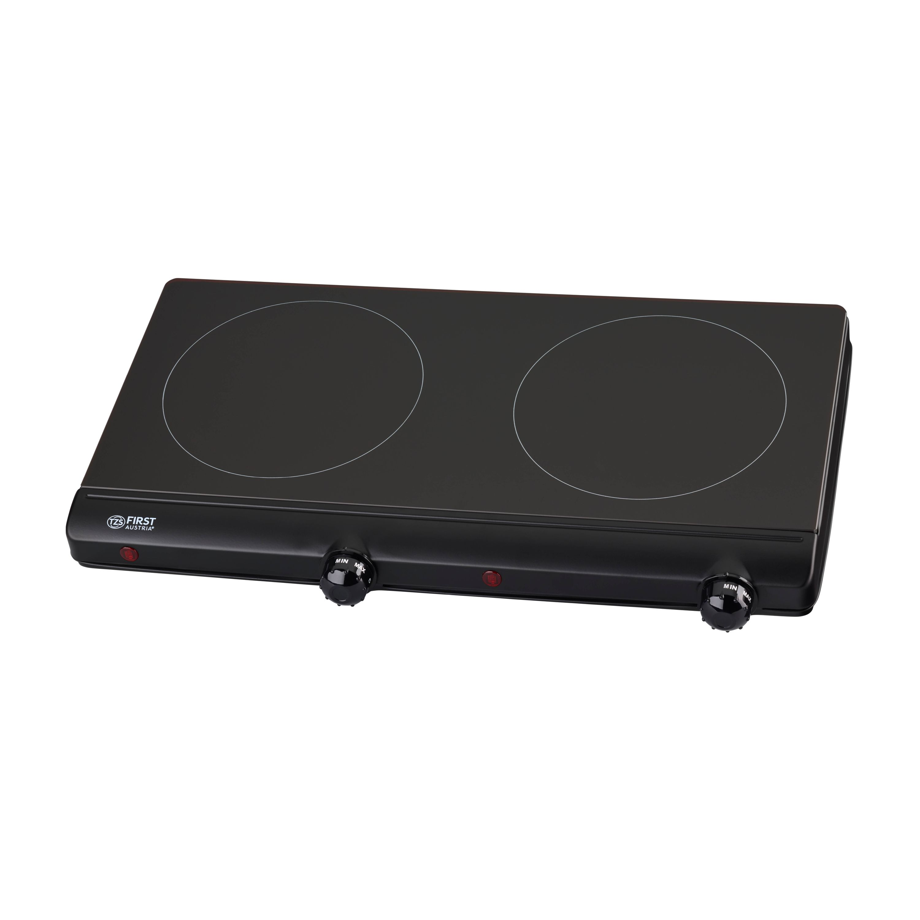Schwarze Doppelkochplatte mit Drehreglern auf weißer Oberfläche. Die Platten sind rund.