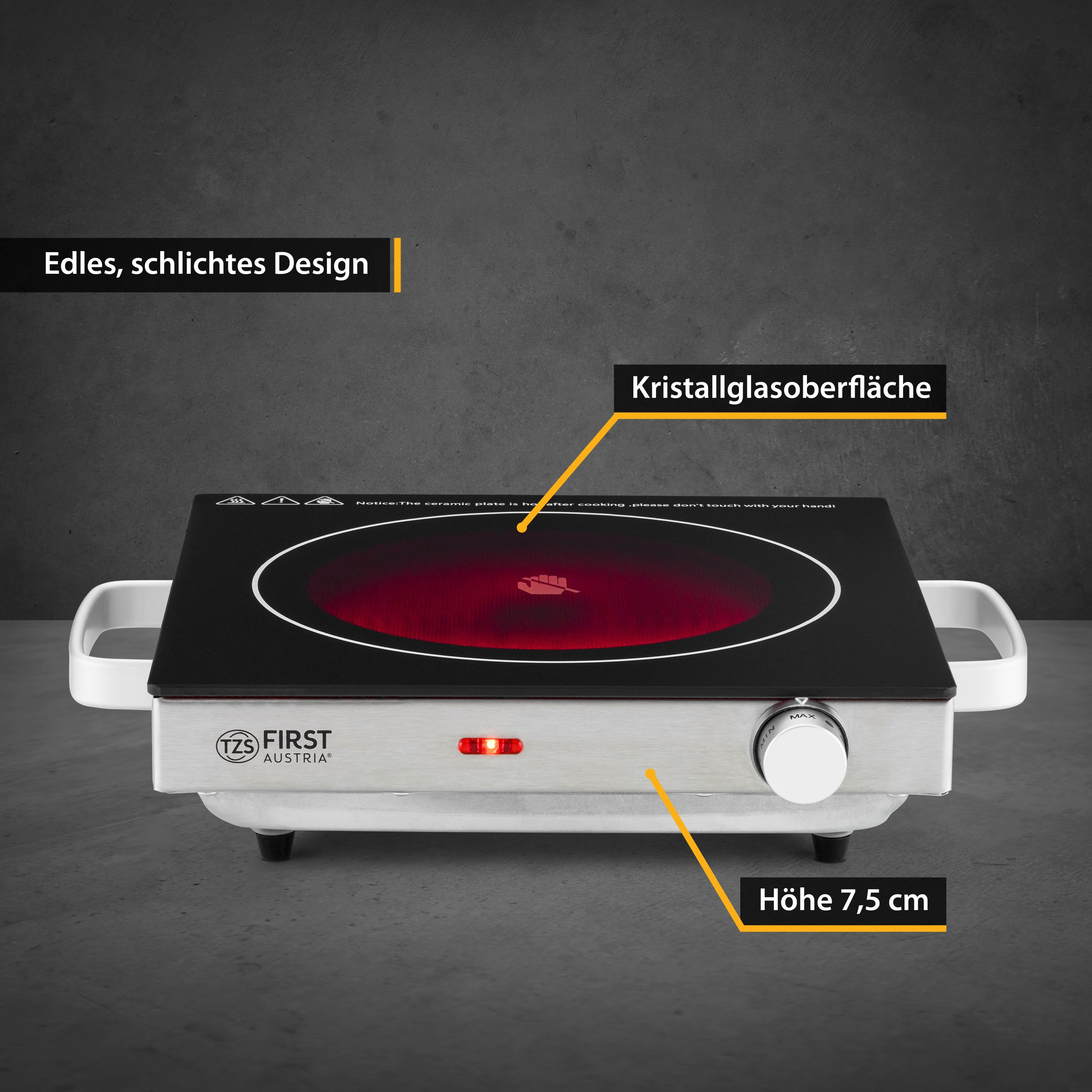 Schwarz-silbernes Kochfeld mit rot glühendem Heizelement. Text auf Deutsch.