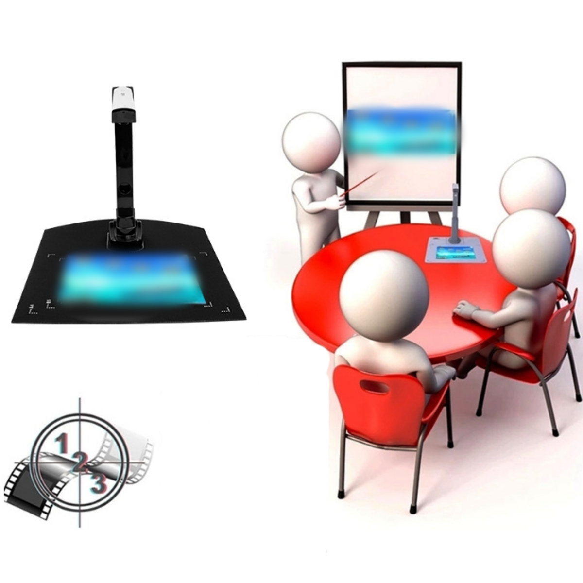 Animierte Szene mit Strichmännchen in einem Meeting, einem Projektor und einem Filmrollen-Symbol.