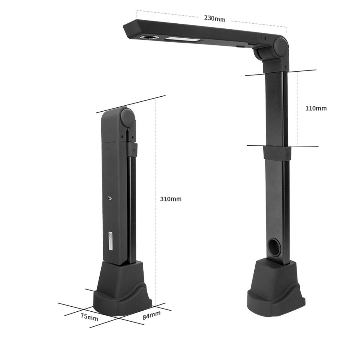 Schwarze, verstellbare Schreibtischlampe mit den Maßen: 230mm x 110mm und 310mm x 75mm.