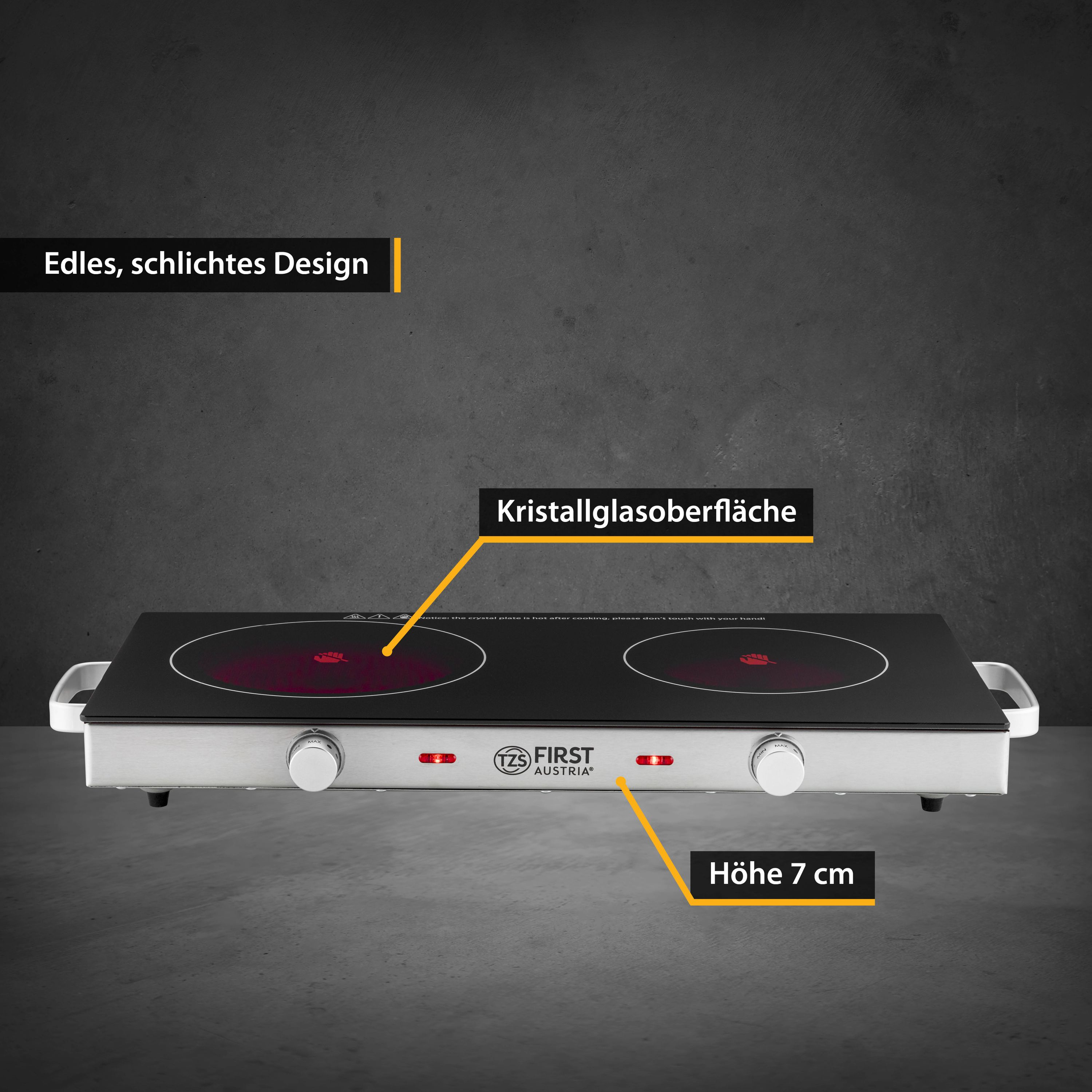 Elektroherd mit zwei Kochfeldern, mit wichtigsten Merkmalen und schlichtem Design.