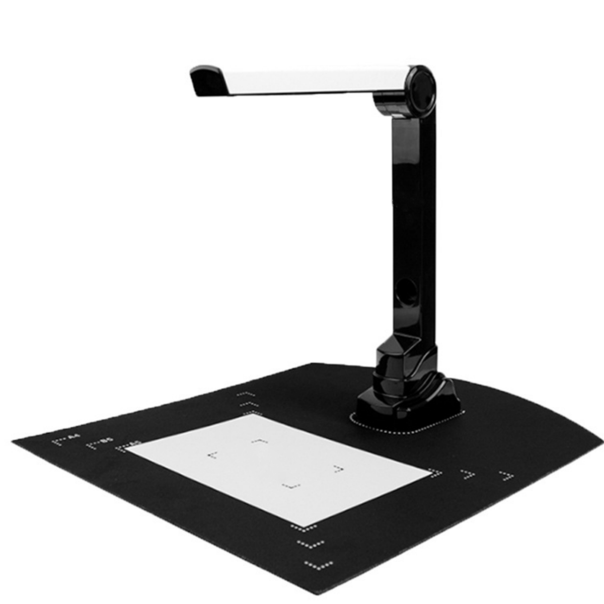 Ein Overhead-Scanner. Es ist schwarz und weiß. Eine schwarze Basis hat ein weißes Pad zum Scannen.