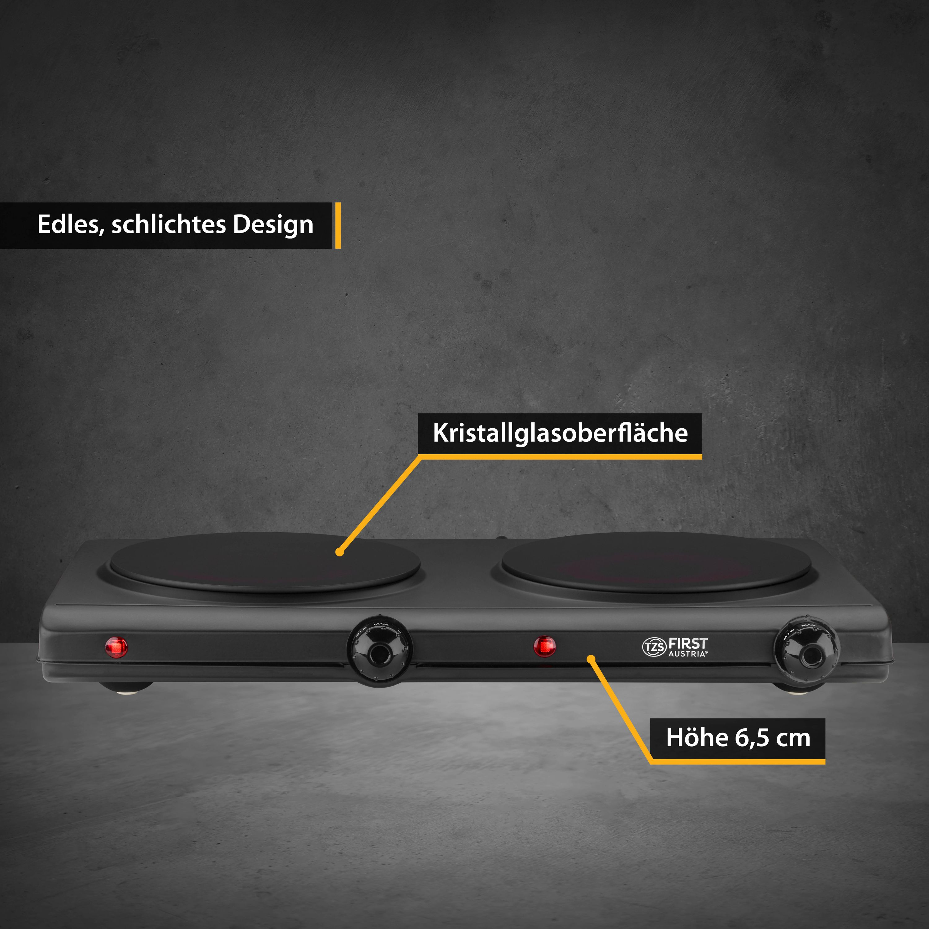 Ein schwarzes Doppelkochfeld mit Glasoberfläche. Knöpfe und Kontrollleuchten sind auf der Vorderseite sichtbar.