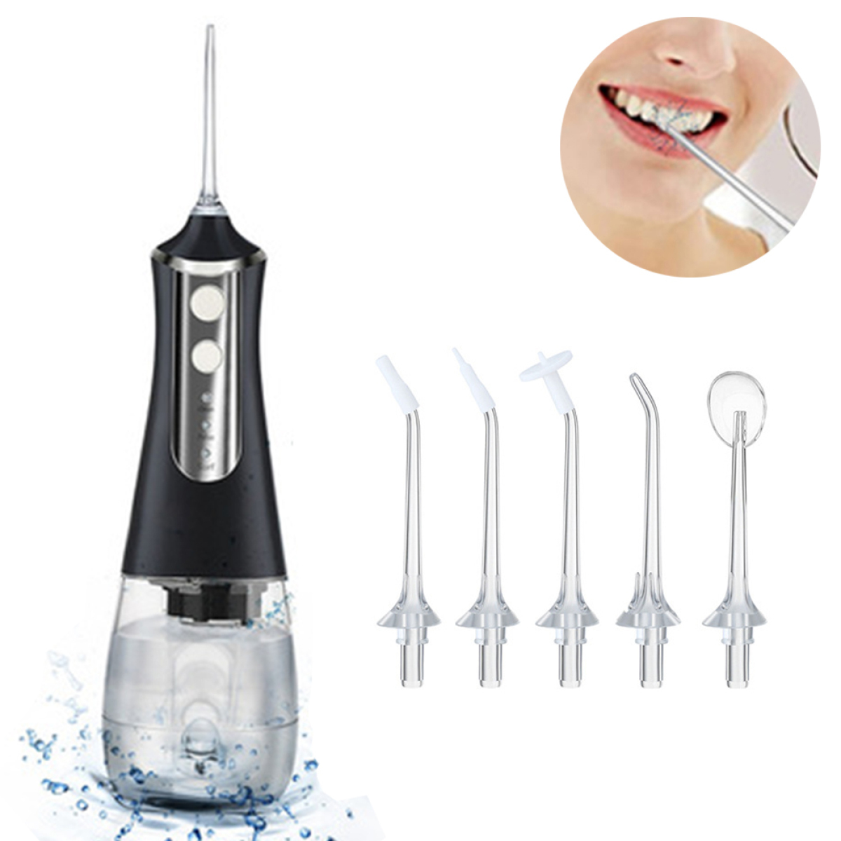 Wasser-Flosser mit Wassertank, mehreren Aufsätzen und Person, die Zähne putzt.