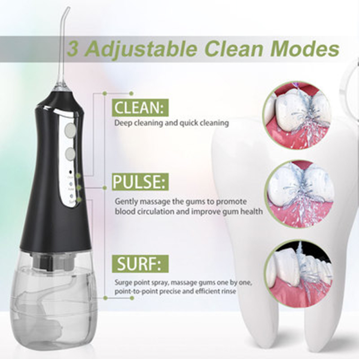 Zahnspülgerät mit 3 Modi: Clean, Pulse und Surf. Diagramm zeigt Wasserstrahlen auf Zähnen.