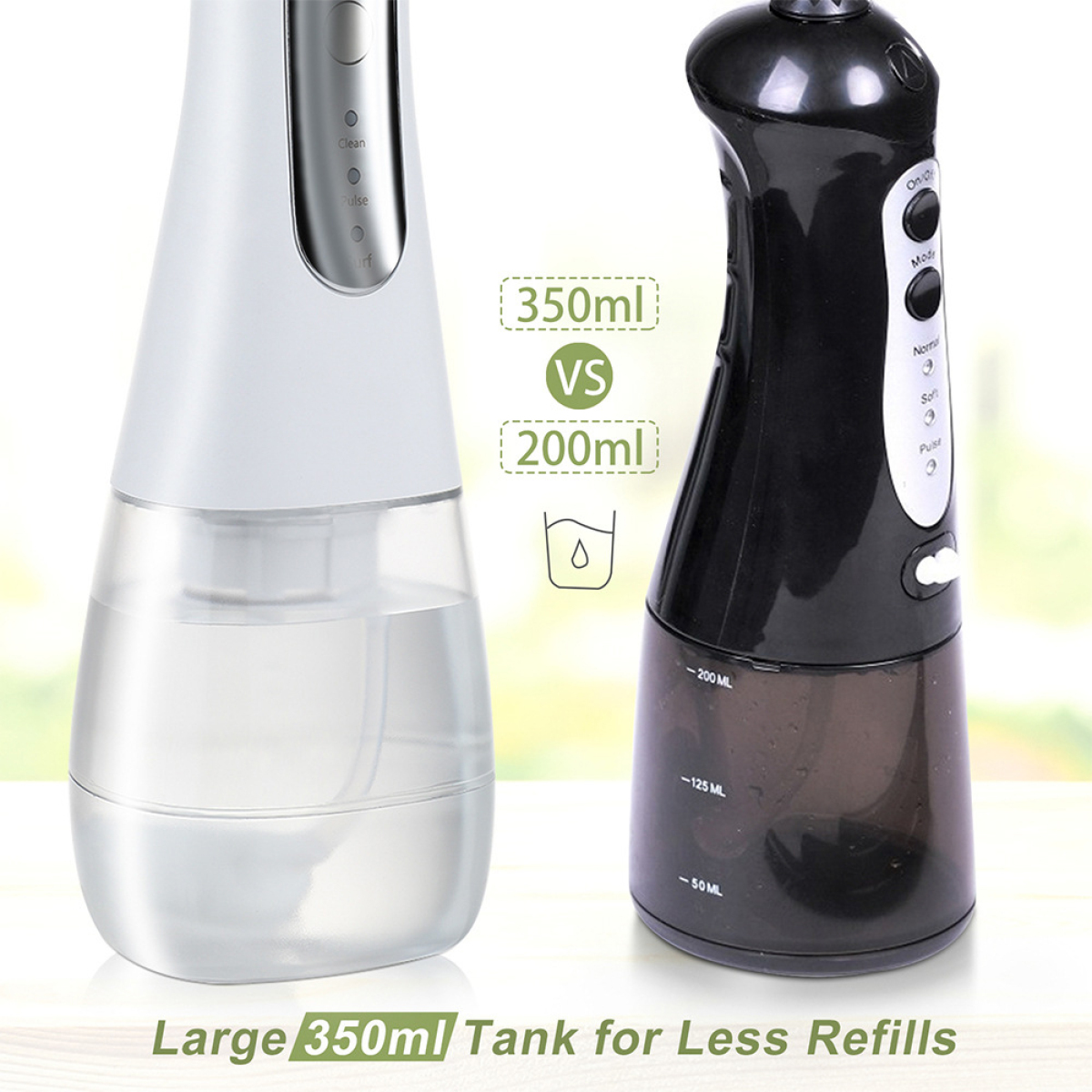 Zwei Wassersprühflaschen. Eine weiß, eine schwarz. Text: 350ml vs 200ml.