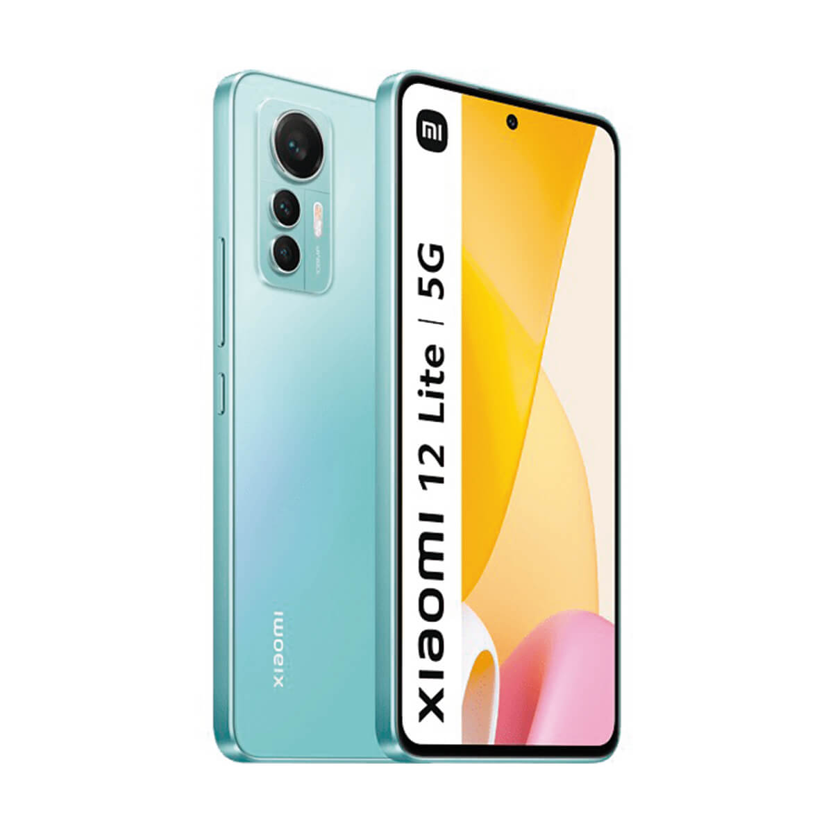 Miętowy telefon Xiaomi 12 Lite 5G, widok z tyłu i z przodu, z aparatami i ekranem.