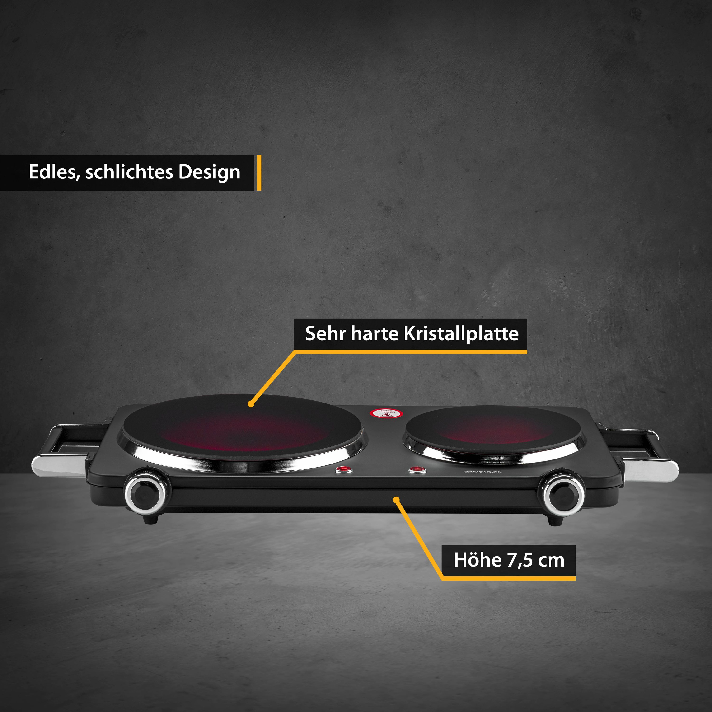 Ein schwarzes Kochfeld mit zwei roten Heizelementen. Es hat ein schlankes, schlichtes Design. Text beschriftet 'Edles Design'.