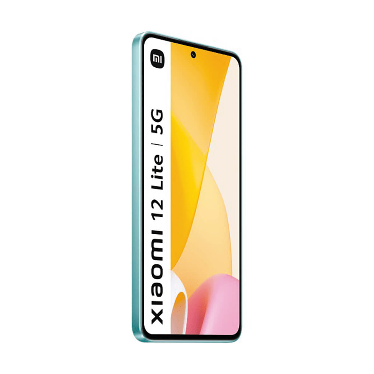 Turkusowy smartfon Xiaomi 12 Lite 5G na białym tle, z logo.