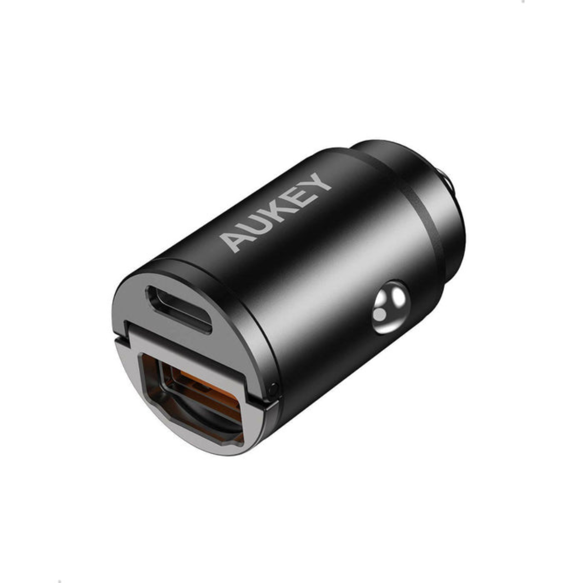 Ein schwarzes AUKEY-Autoladegerät. Es hat einen USB-Anschluss und ist zylindrisch mit silberner Umrandung.