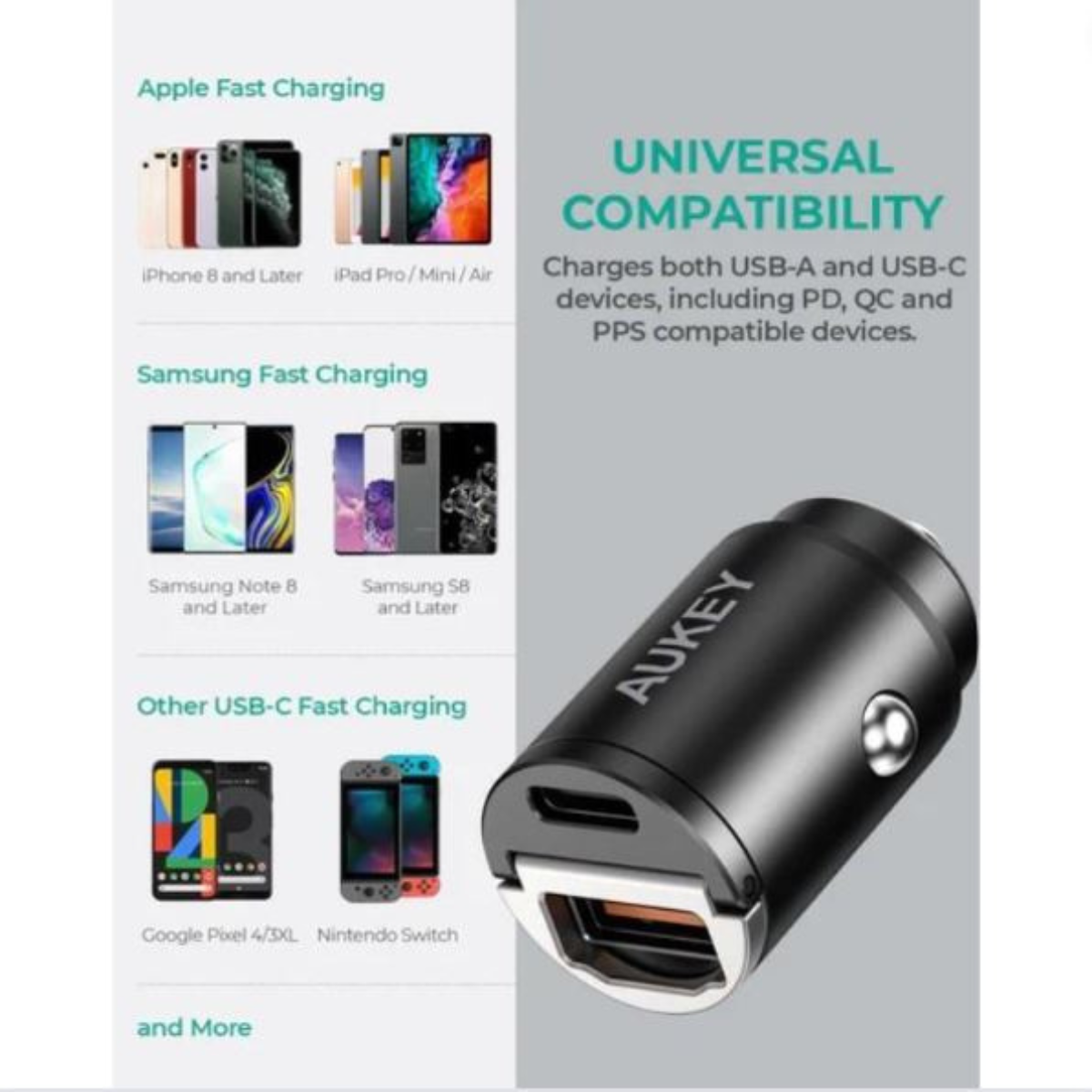 Bild mit verschiedenen Geräten und Schnellladekompatibilität. USB-A- und USB-C-Geräte.