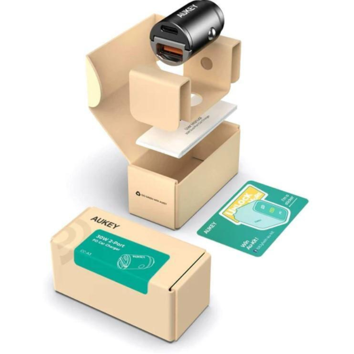 AUKEY Autoladegerät in einer Schachtel, mit Benutzerhandbuch und Aufkleber, auf weißem Hintergrund.