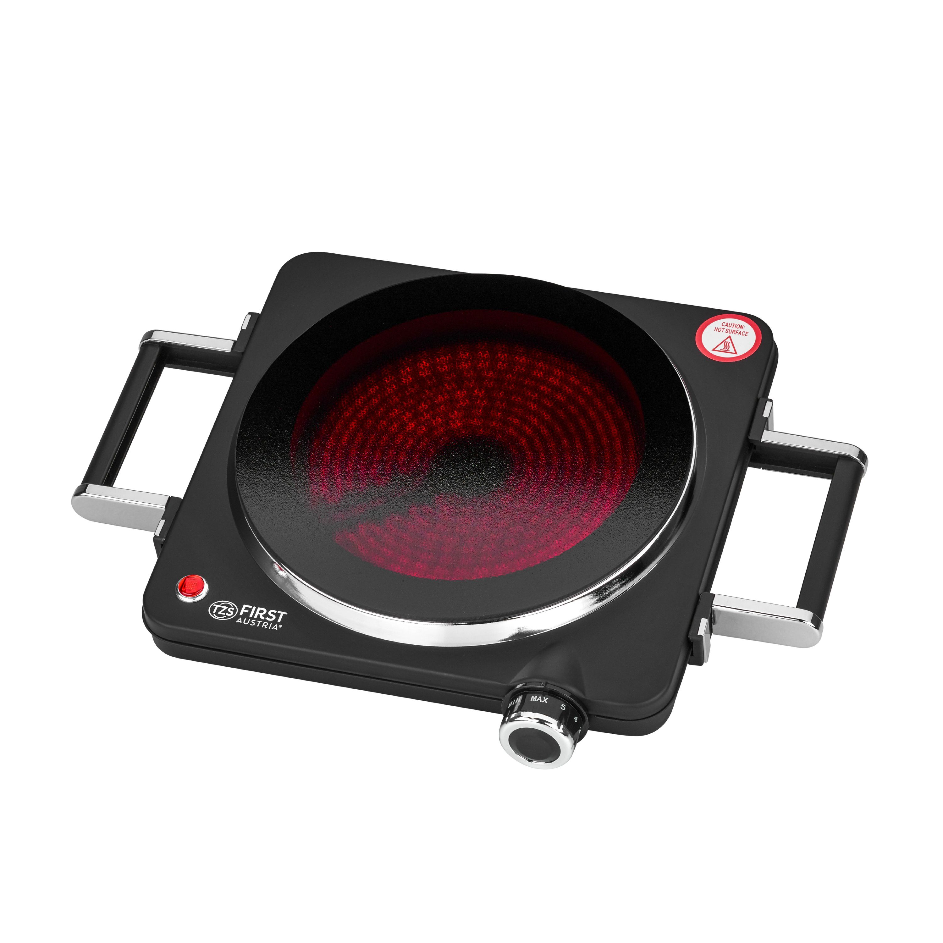 Un piano cottura elettrico nero con una bobina rossa incandescente. Il piano cottura ha maniglie argentate e una manopola.