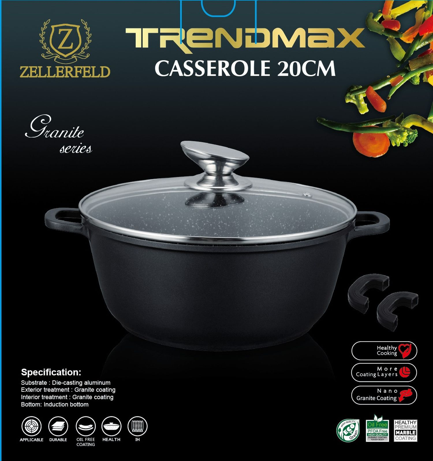 Schwarzer Kochtopf mit Glasdeckel. Text: Trendmax Kochtopf 20cm. Granite-Serie Logo.