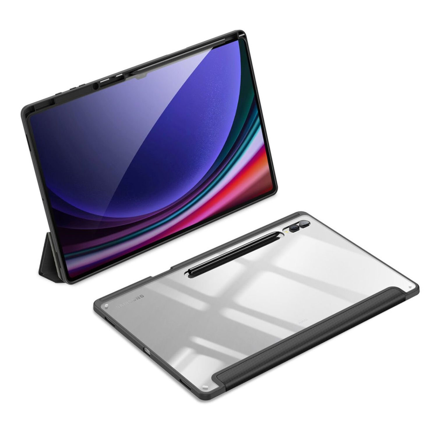 Zwei Tablets mit Hülle, Stift oben, weißer Hintergrund.