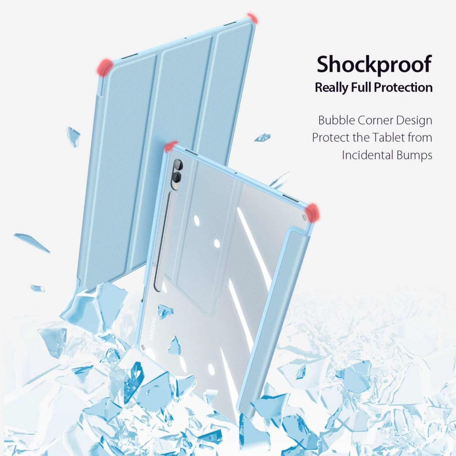 Hellblaue Tablet-Hülle mit stoßfestem Schutz und einem zerbrochenen Glaseffekt.