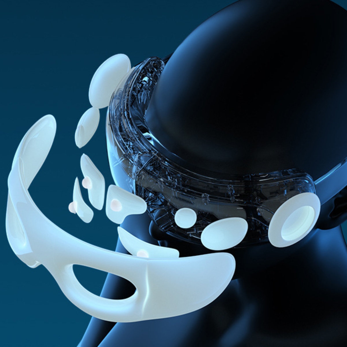 Abstraktes Bild eines VR-Headsets mit fragmentierten weißen Komponenten.