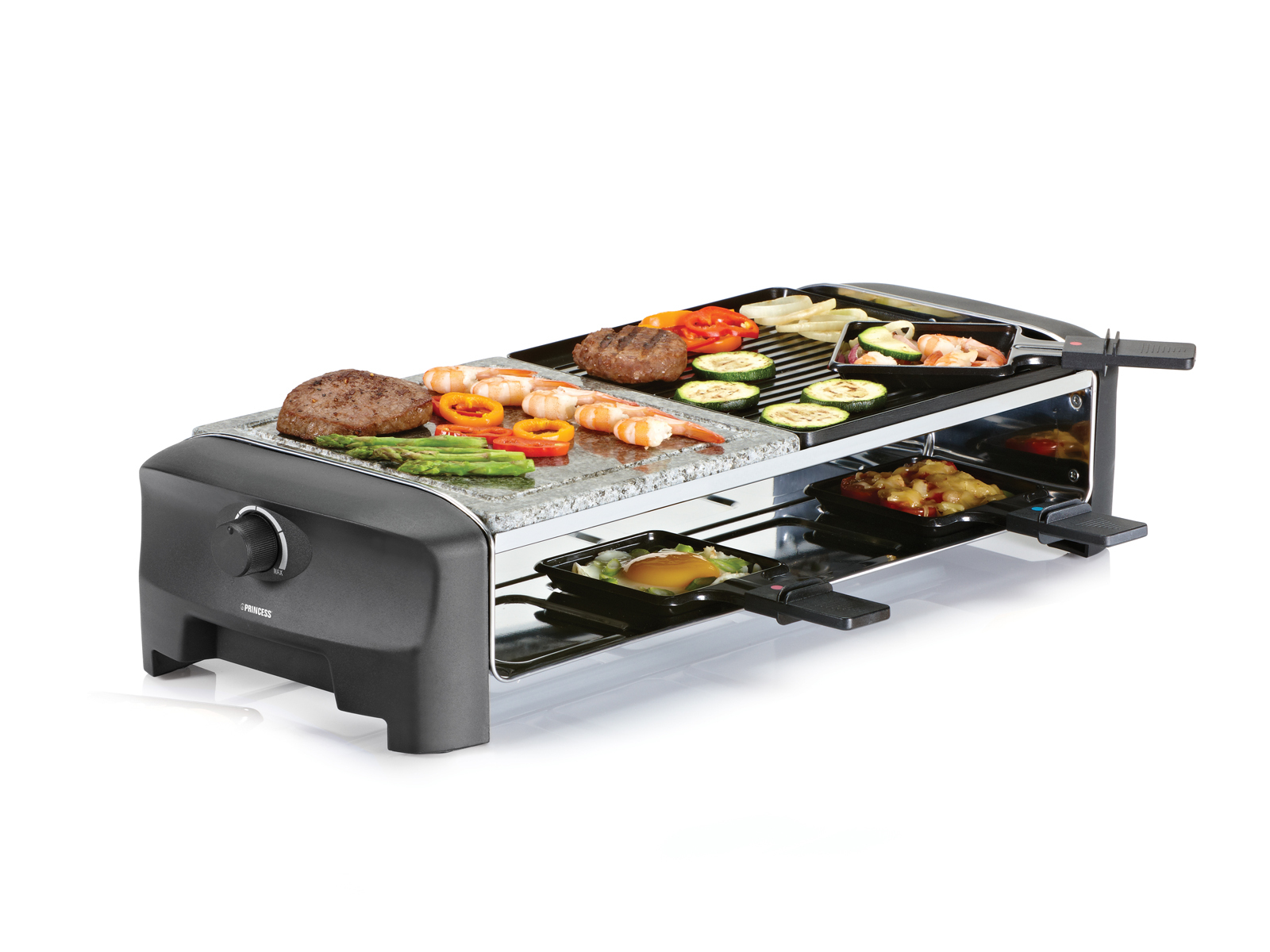 Grill Raclette z różnymi gotowanymi potrawami.