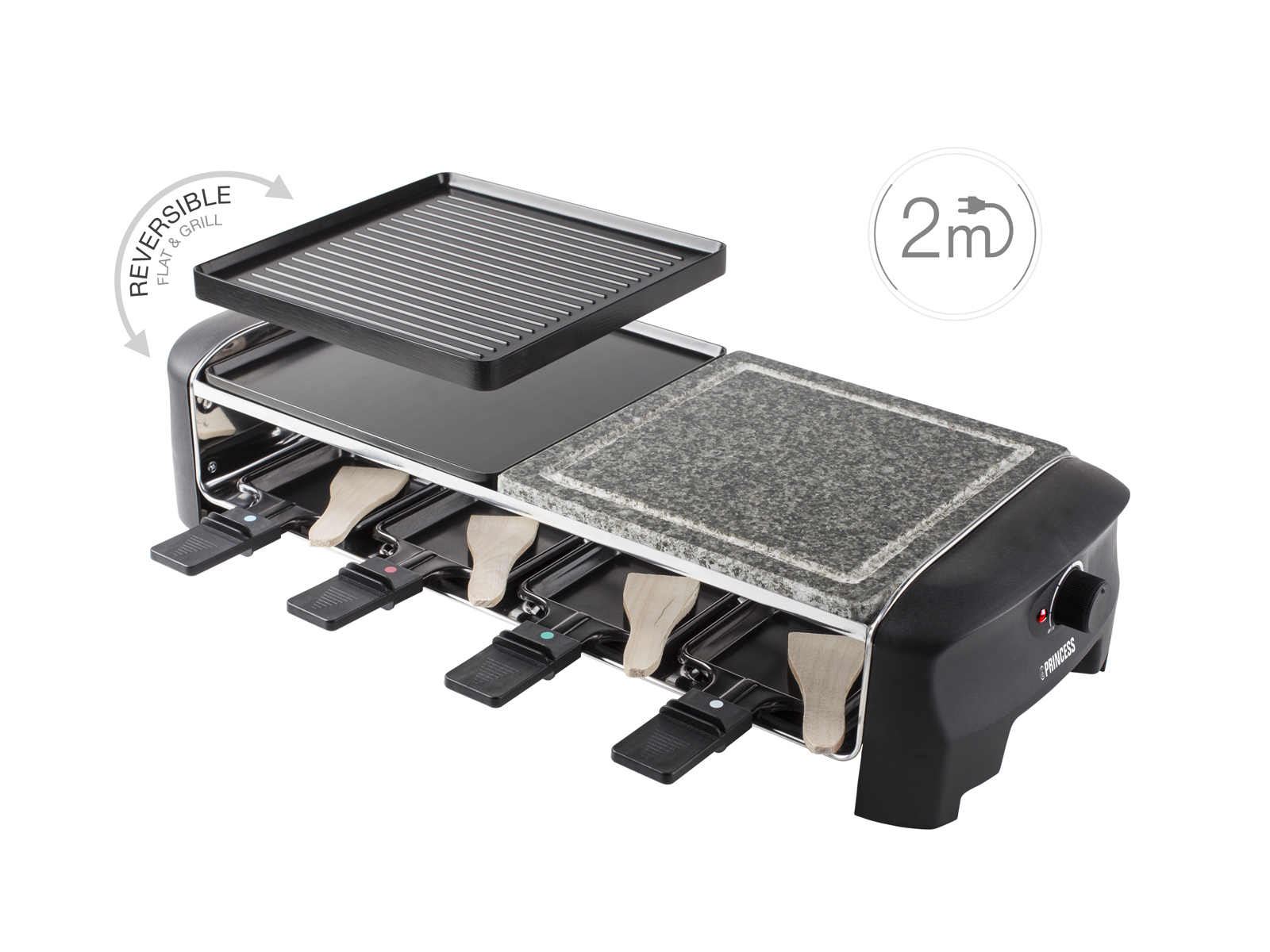 Grill do raclette z płaskim grillem i kamieniem granitowym, drewnianymi szpatułkami.