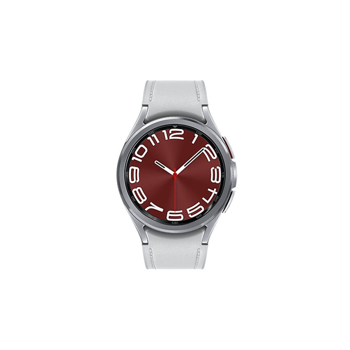 Smartwatch plateado con esfera roja. El reloj tiene una correa blanca.