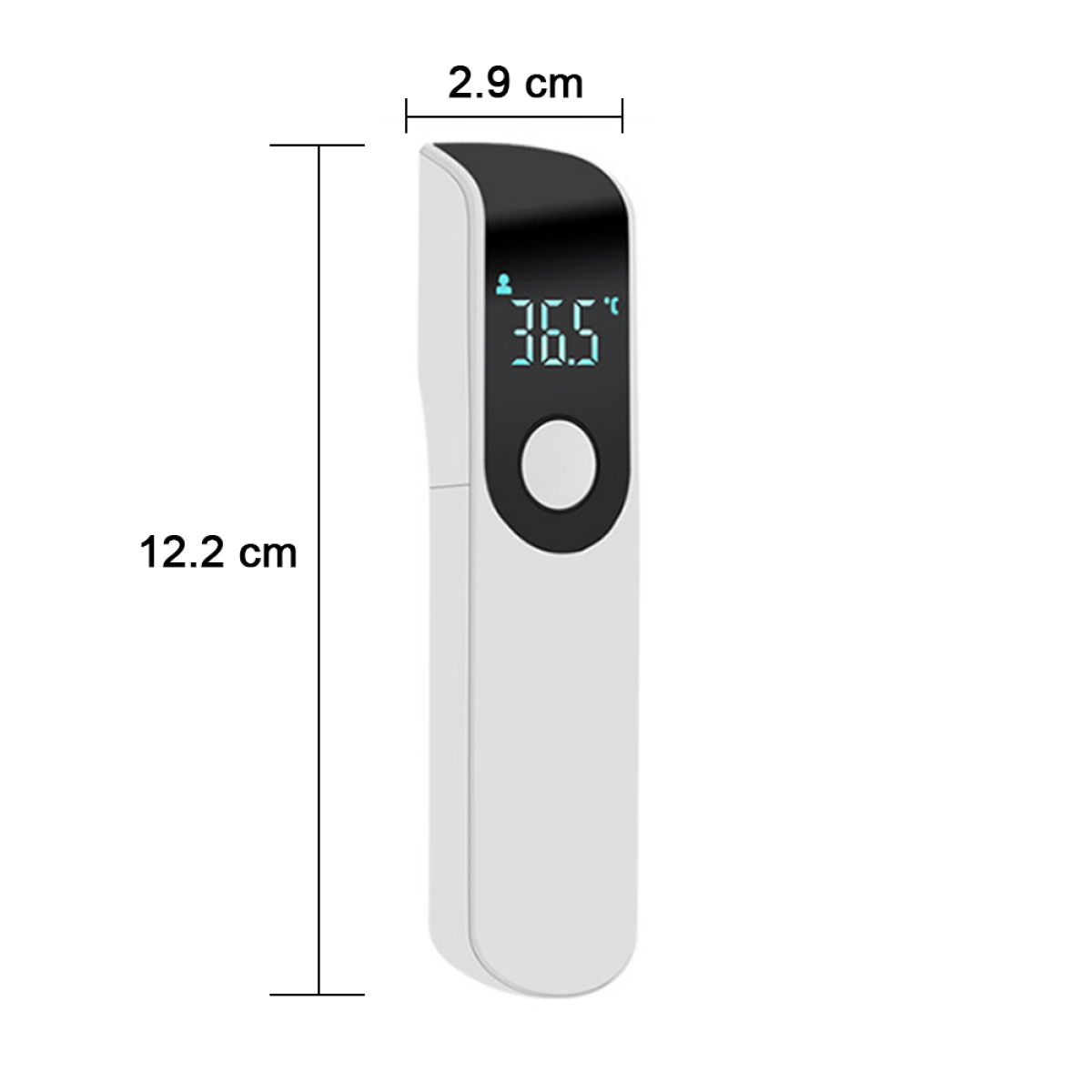 Weißes und graues Thermometer, zeigt 36,5 Grad. Abmessungen: 2,9 cm x 12,2 cm.