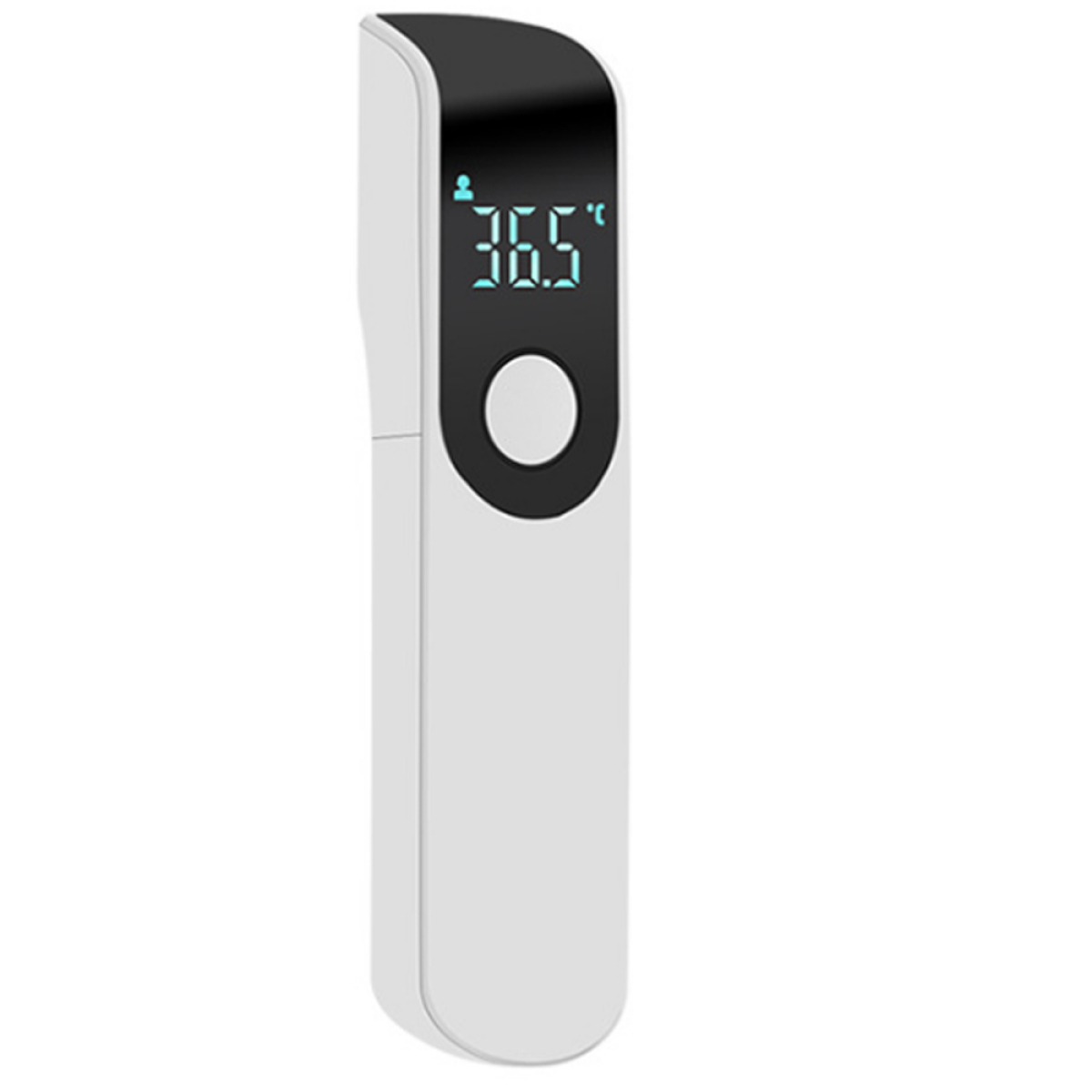 Ein weißes und schwarzes Thermometer zeigt 36,5 Grad an. Das Gerät hat einen schwarzen Deckel mit einem Knopf.