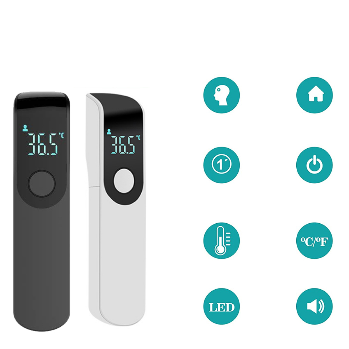 Zwei digitale Thermometer. Eines schwarz und eines weiß. Knöpfe und Symbole zur Anzeige der Funktionen.