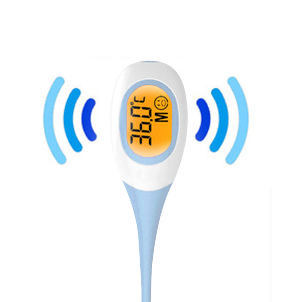 Ein digitales Thermometer mit 36,0°C Anzeige. Blaue Wellen umgeben das Gerät und weisen auf seine Funktion hin.