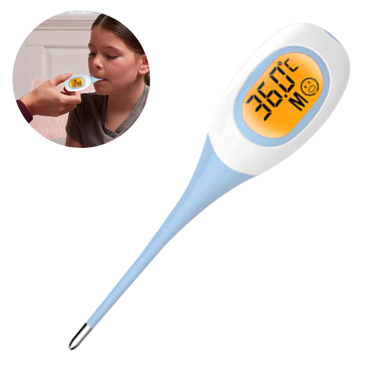 Ein Mädchen, das ein digitales Thermometer im Mund benutzt. Das Thermometer zeigt eine Zahl an.
