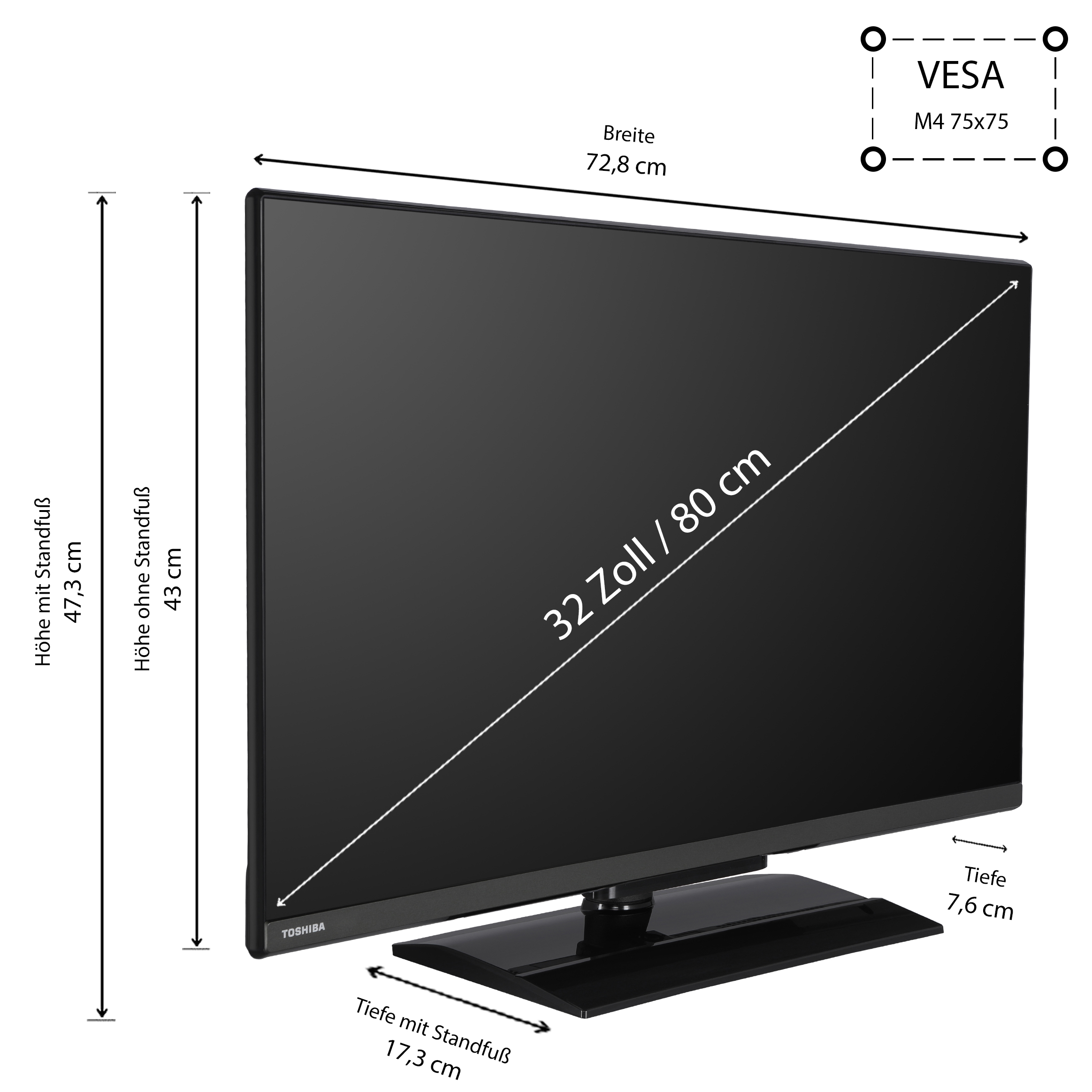 SMART TV LED Zoll 80 TOSHIBA (Flat, TV) HD-ready, 32 / cm, 32WV3E63DAZ