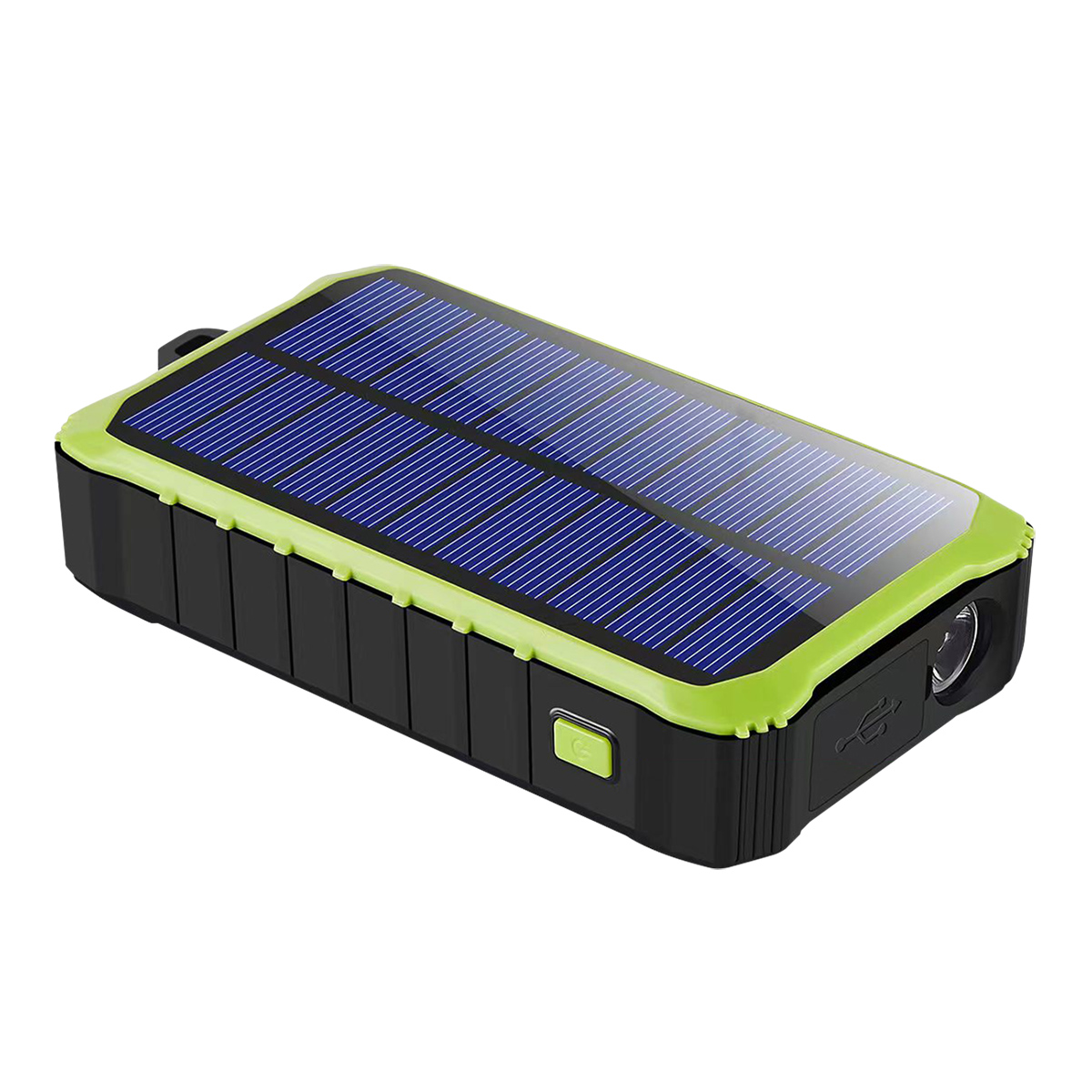 Schwarze und grüne Solar-Powerbank mit blauem Solarpanel.