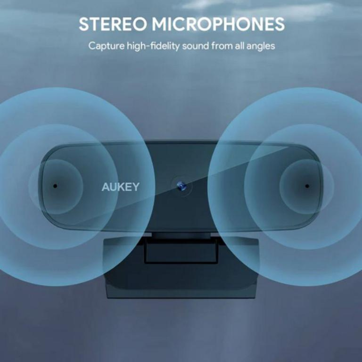 Ein Aukey Mikrofon, mit blauen Schallwellen-Visualisierungen im Hintergrund.