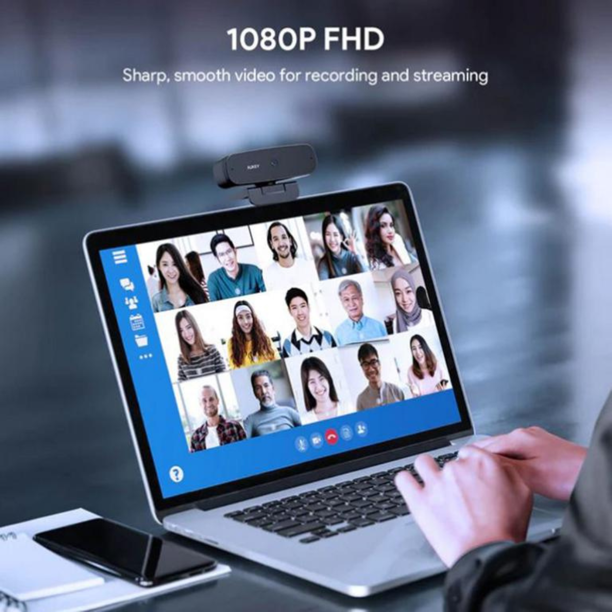 Laptop mit Videogespräch. Webcam oben. Text: '1080P FHD'.