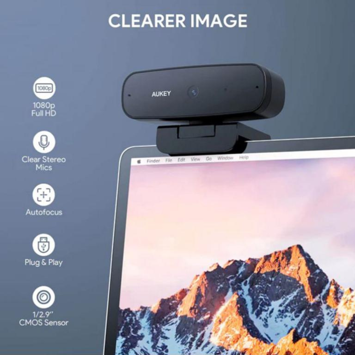 Schwarze Webcam auf einem Laptop; Funktionen sind 1080p, Stereomikrofone, Autofokus, Plug & Play, CMOS-Sensor.