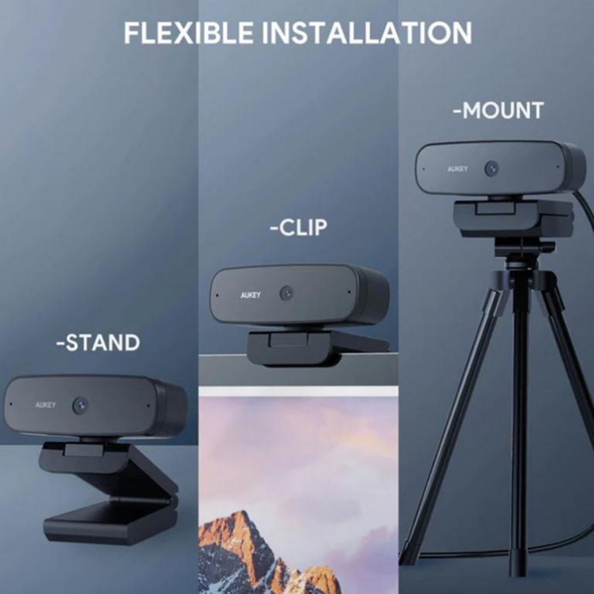 Webcam mit flexiblen Installationsoptionen: Ständer, Clip und Halterung mit Aukey-Logo, grauer Hintergrund.