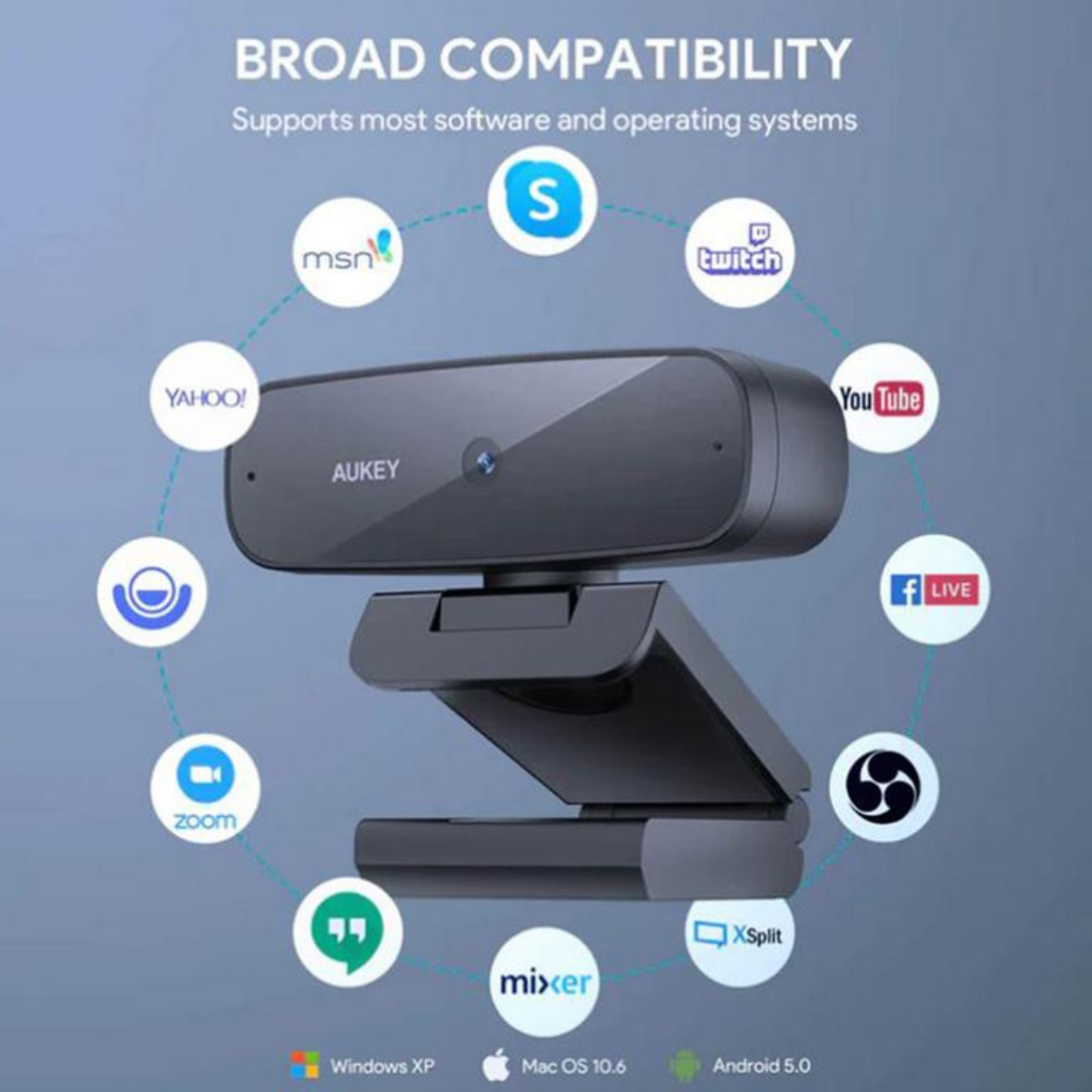 Eine Webcam mit AUKEY-Logo ist von App-Logos wie YouTube, Twitch und Zoom umgeben.