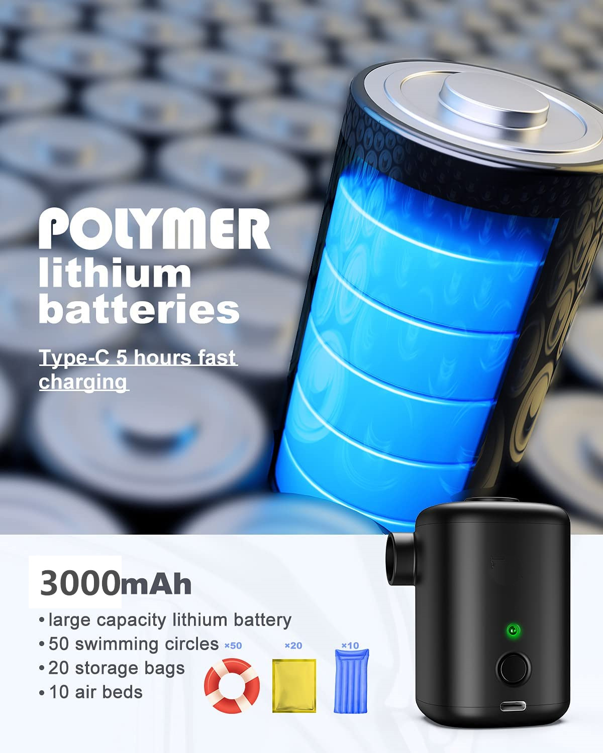 Akku mit Text: Polymer-Lithium-Akkus, Schnellladung. Schwarze Pumpe, blaues Licht und Schwimmkreise.