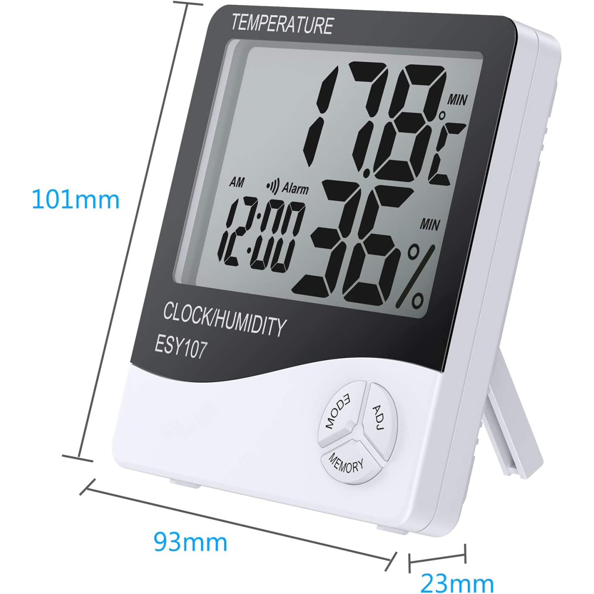 Eine weiße Digitaluhr mit Zeit-, Temperatur- und Feuchtigkeitsanzeige, Knöpfen und Abmessungen.