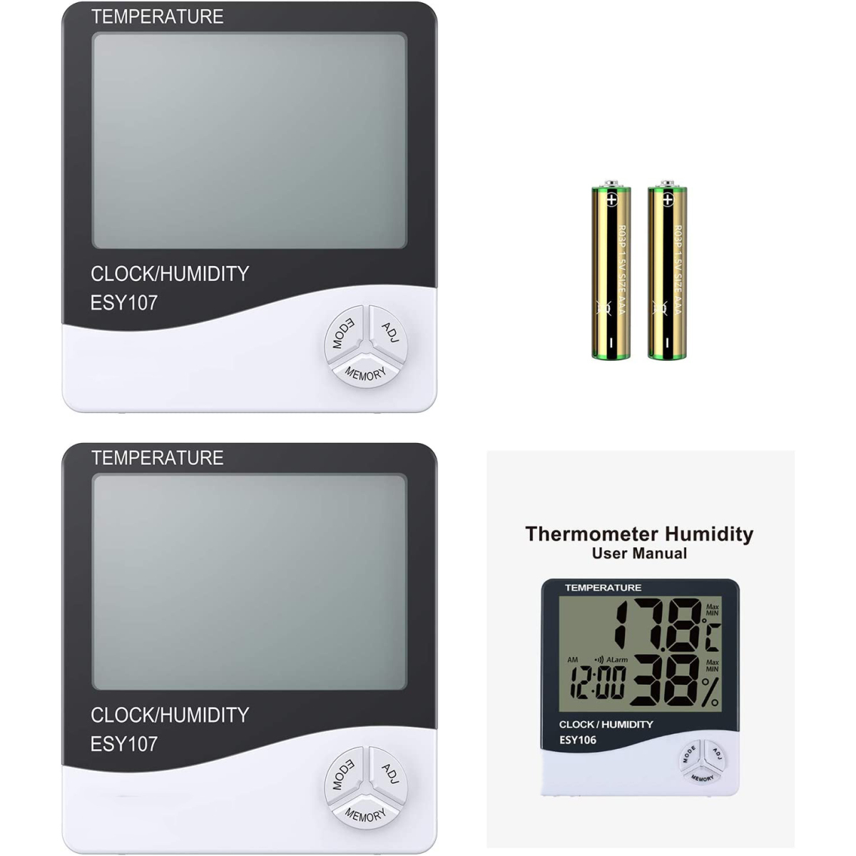 Zwei digitale Thermometer und eine Bedienungsanleitung mit Displaybildern und Batterien.